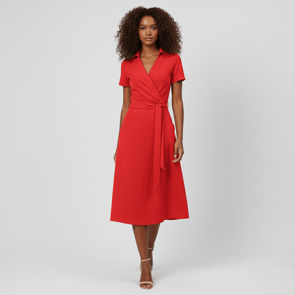 Ada V-Neck Midi Dress with Short Sleeves and Waist Tie