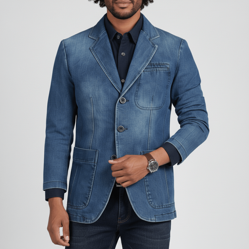 Alan Denim Blazer with Notch Lapel and Three Button Closure