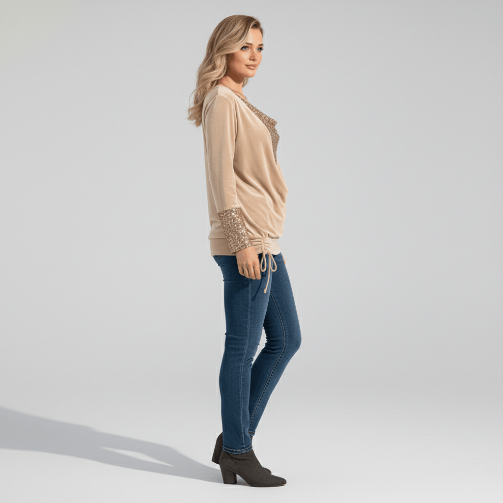 Alethea Sequin Panel Long Sleeve Blouse with Draped Front