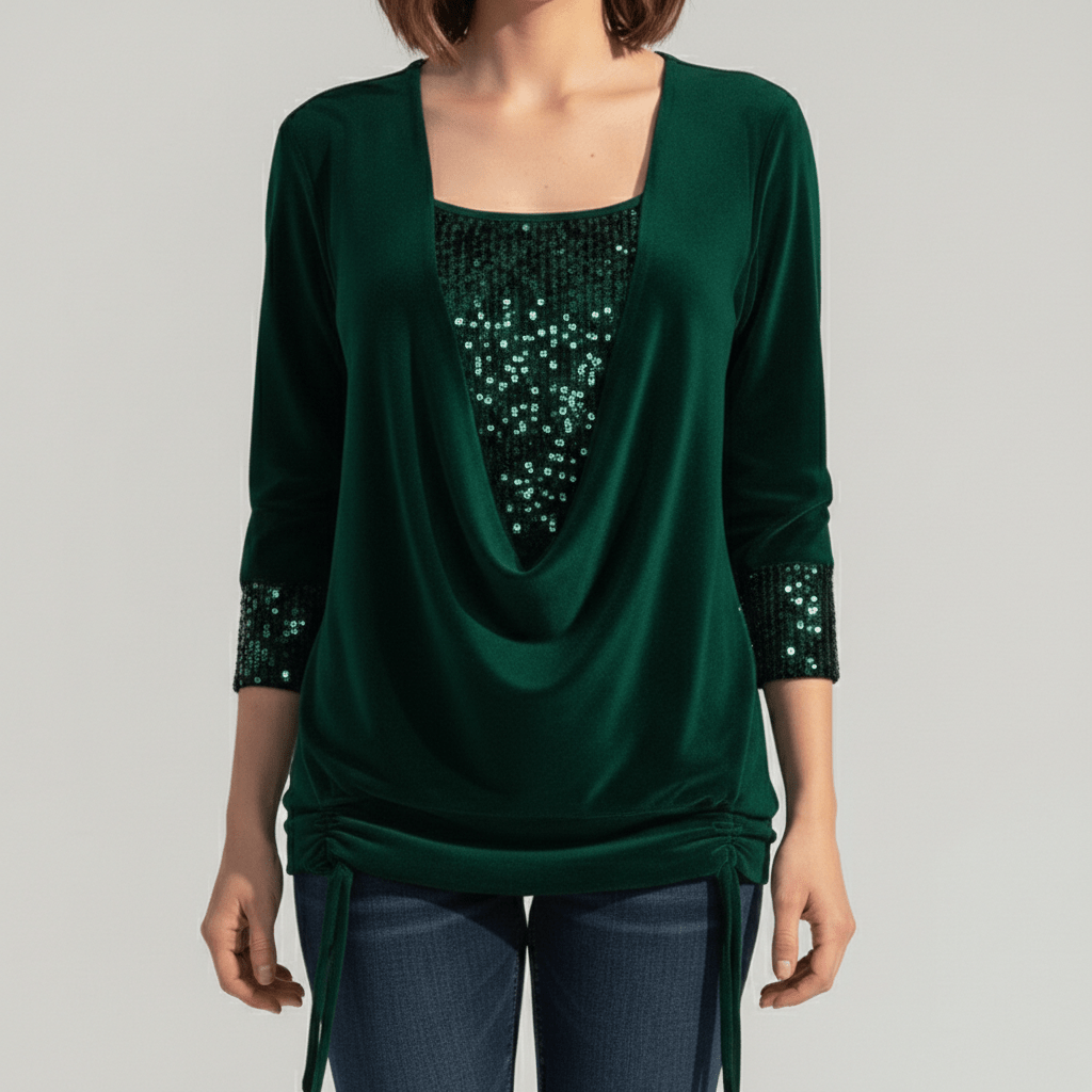 Alethea Sequin Panel Long Sleeve Blouse with Draped Front