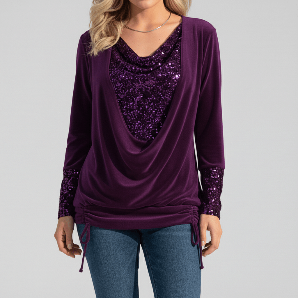 Alethea Sequin Panel Long Sleeve Blouse with Draped Front