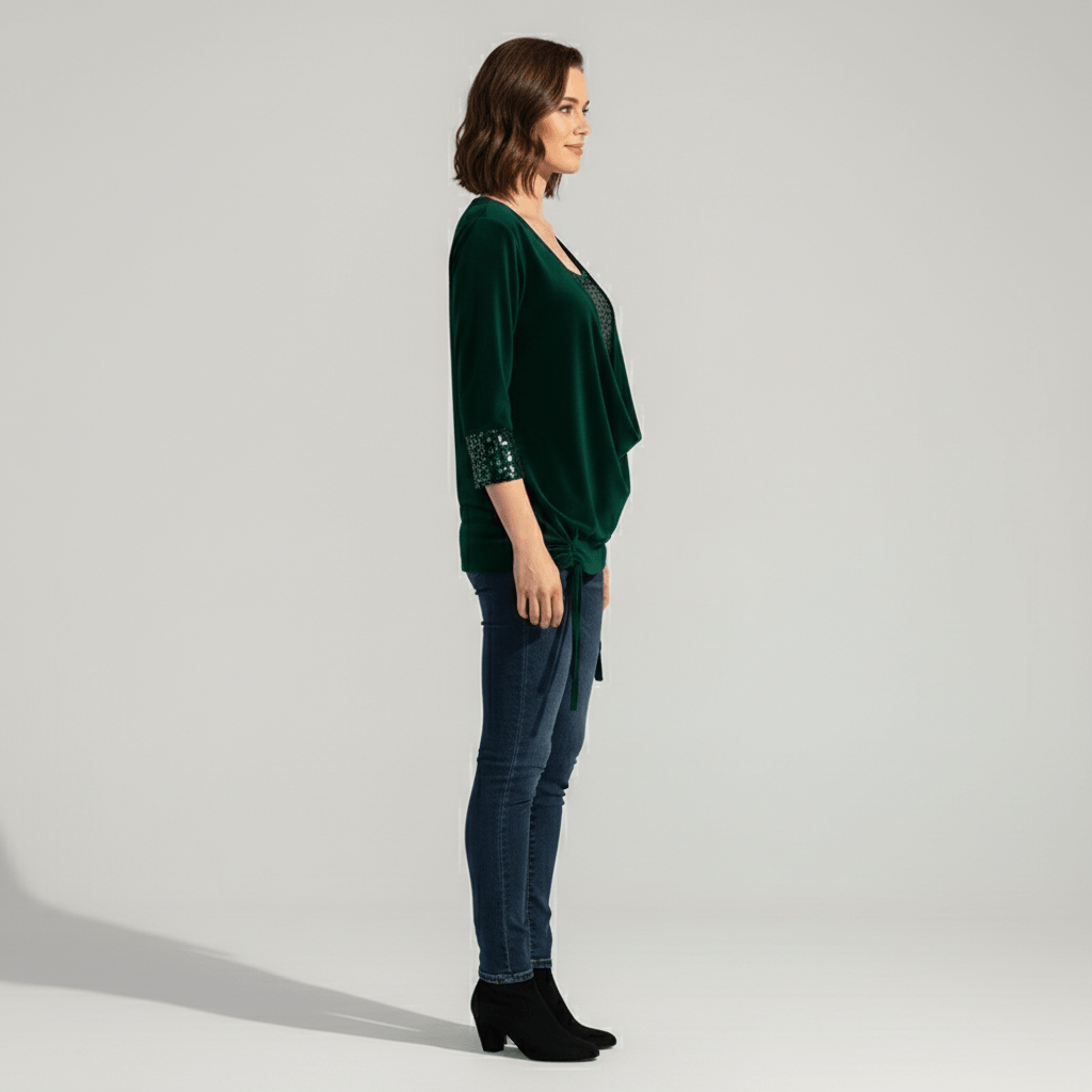 Alethea Sequin Panel Long Sleeve Blouse with Draped Front