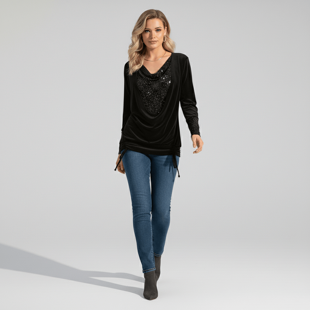 Alethea Sequin Panel Long Sleeve Blouse with Draped Front