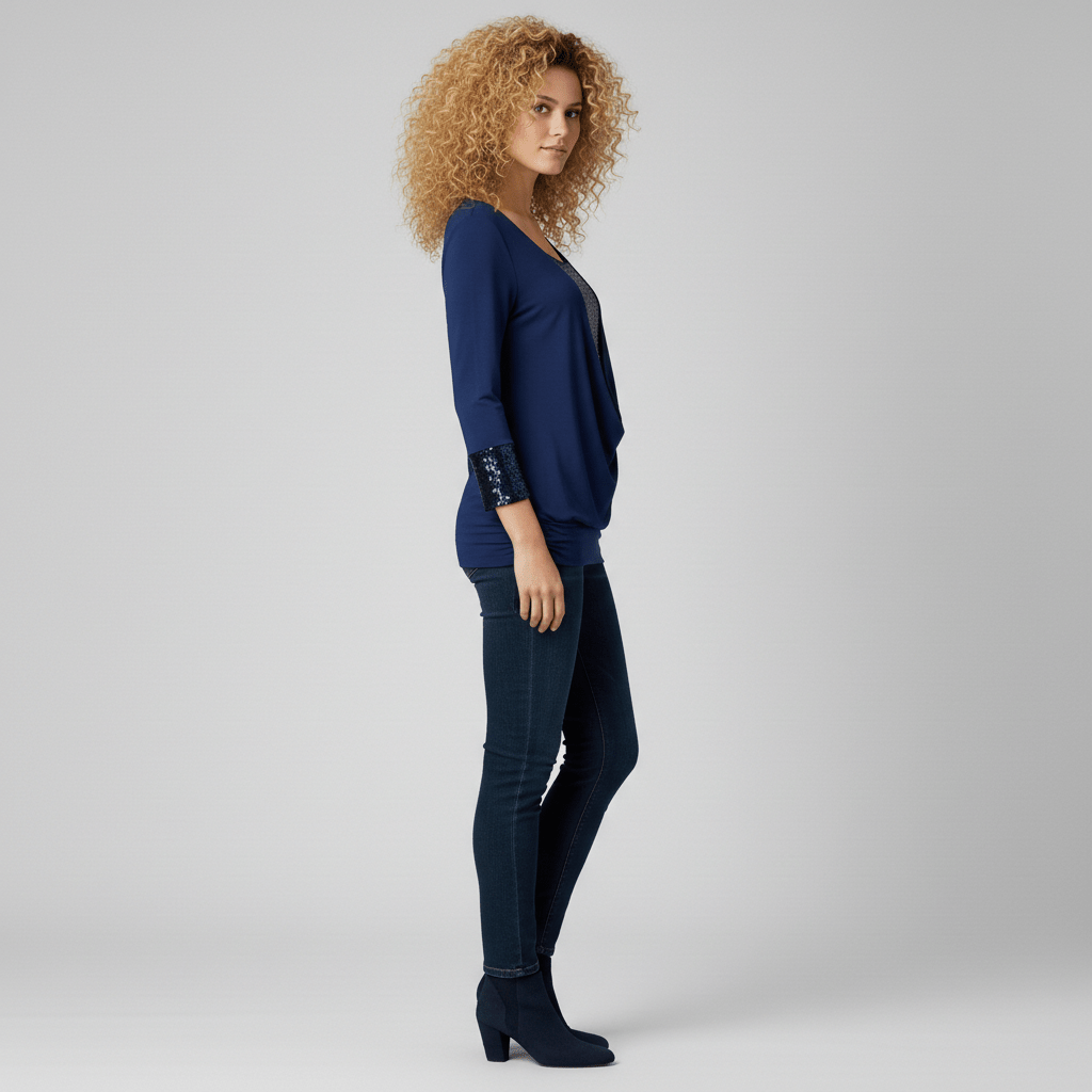 Alethea Sequin Panel Long Sleeve Blouse with Draped Front