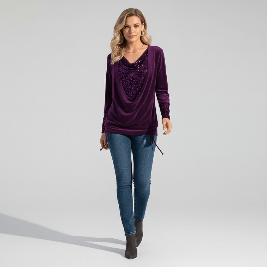 Alethea Sequin Panel Long Sleeve Blouse with Draped Front