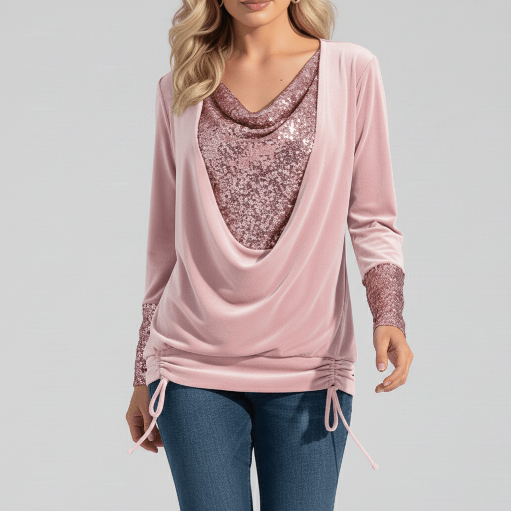 Alethea Sequin Panel Long Sleeve Blouse with Draped Front
