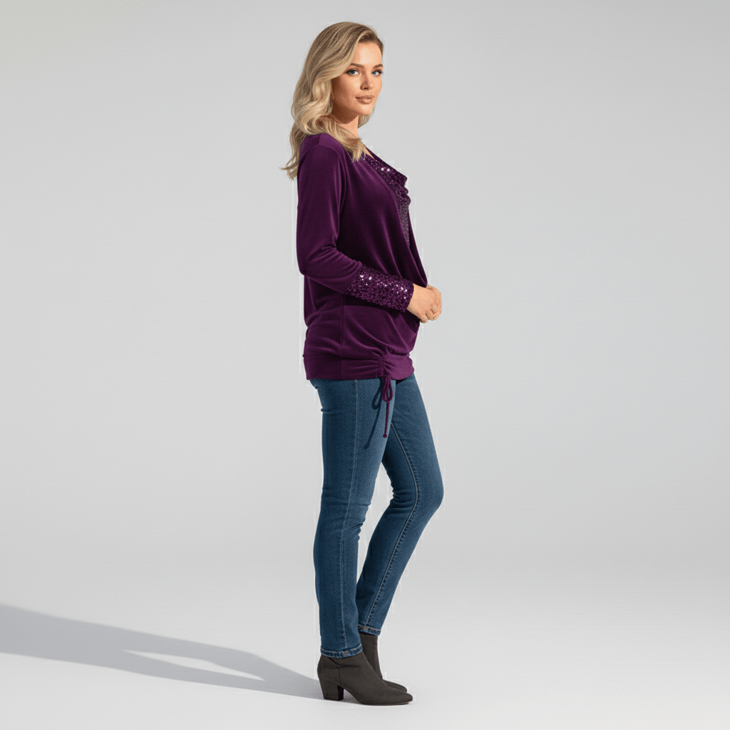 Alethea Sequin Panel Long Sleeve Blouse with Draped Front