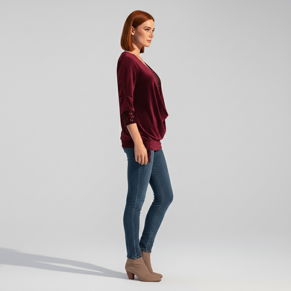 Alethea Sequin Panel Long Sleeve Blouse with Draped Front