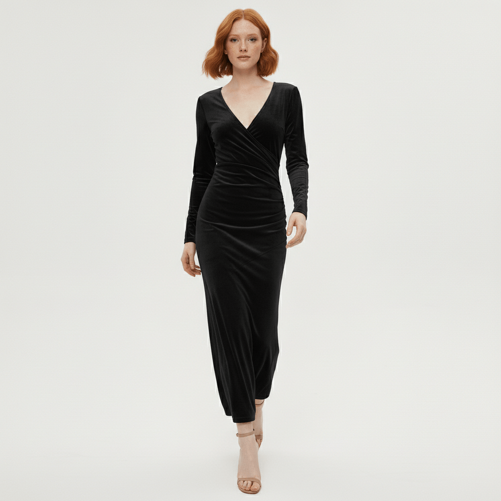 Aviana Velvet Wrap Midi Dress with V-Neck