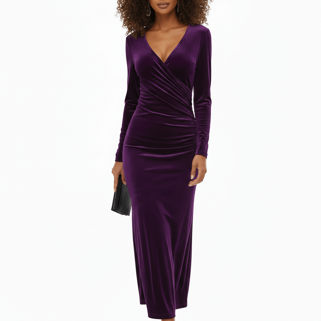 Aviana Velvet Wrap Midi Dress with V-Neck