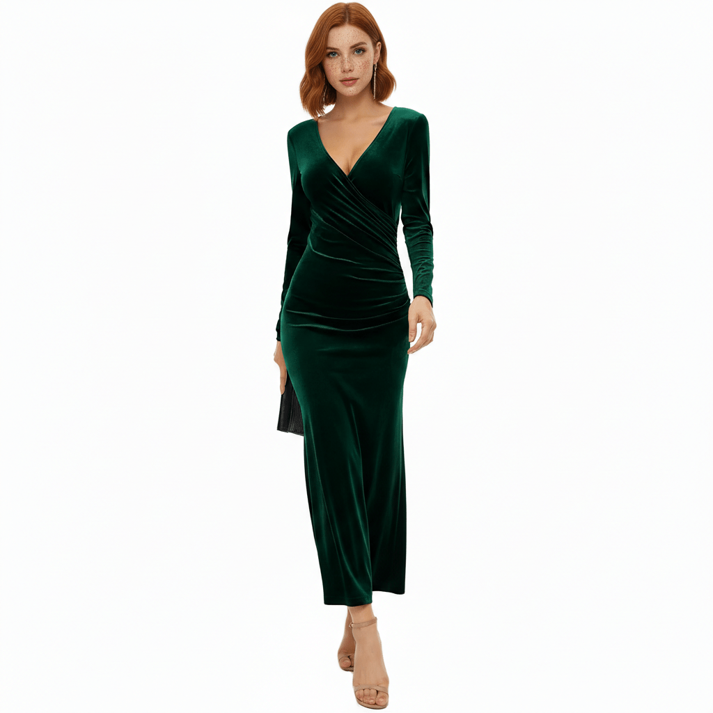 Aviana Velvet Wrap Midi Dress with V-Neck