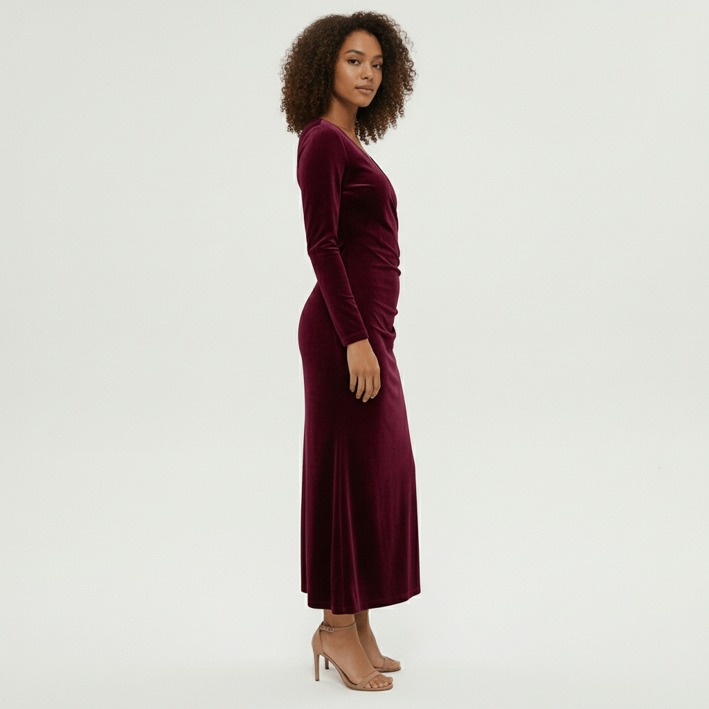 Aviana Velvet Wrap Midi Dress with V-Neck
