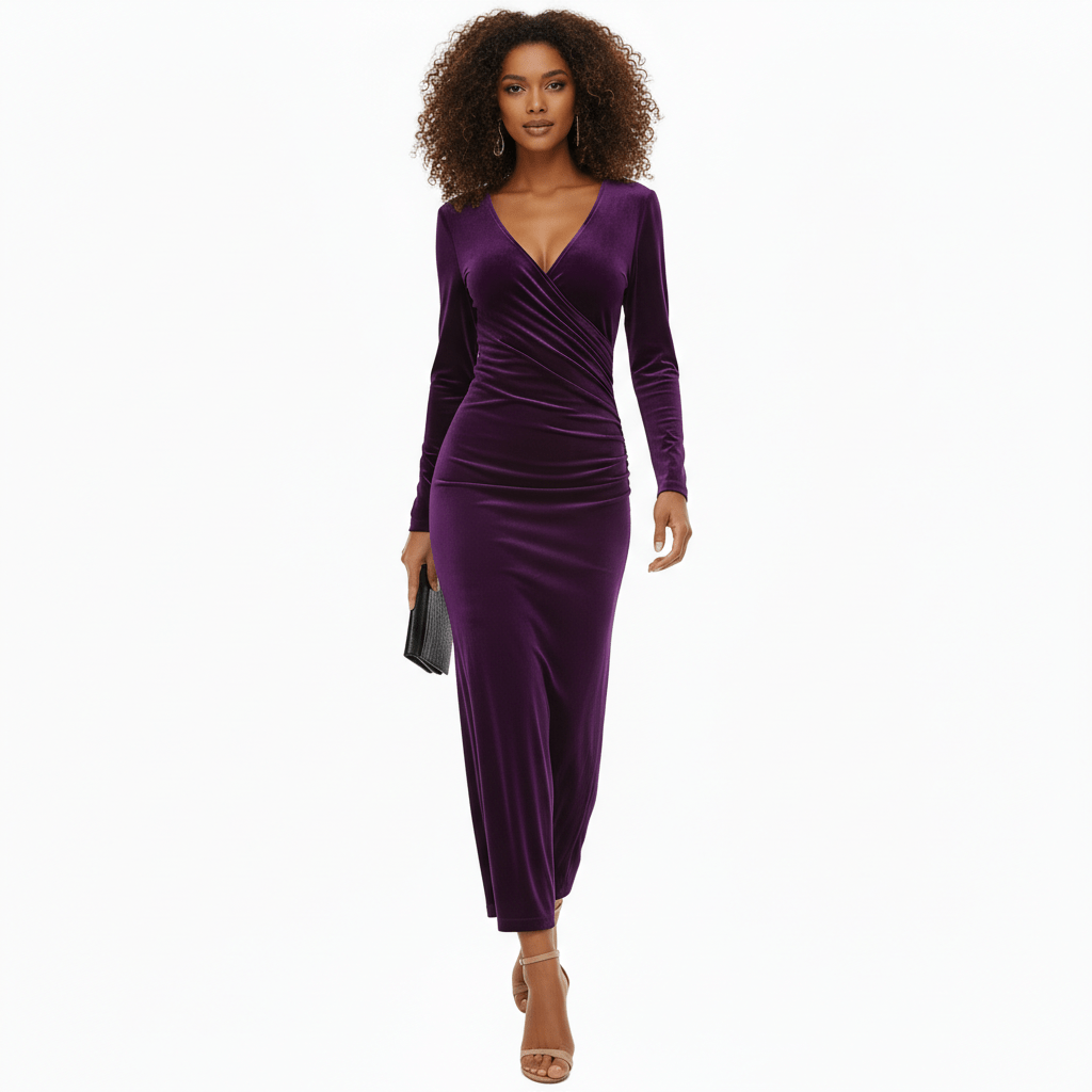 Aviana Velvet Wrap Midi Dress with V-Neck