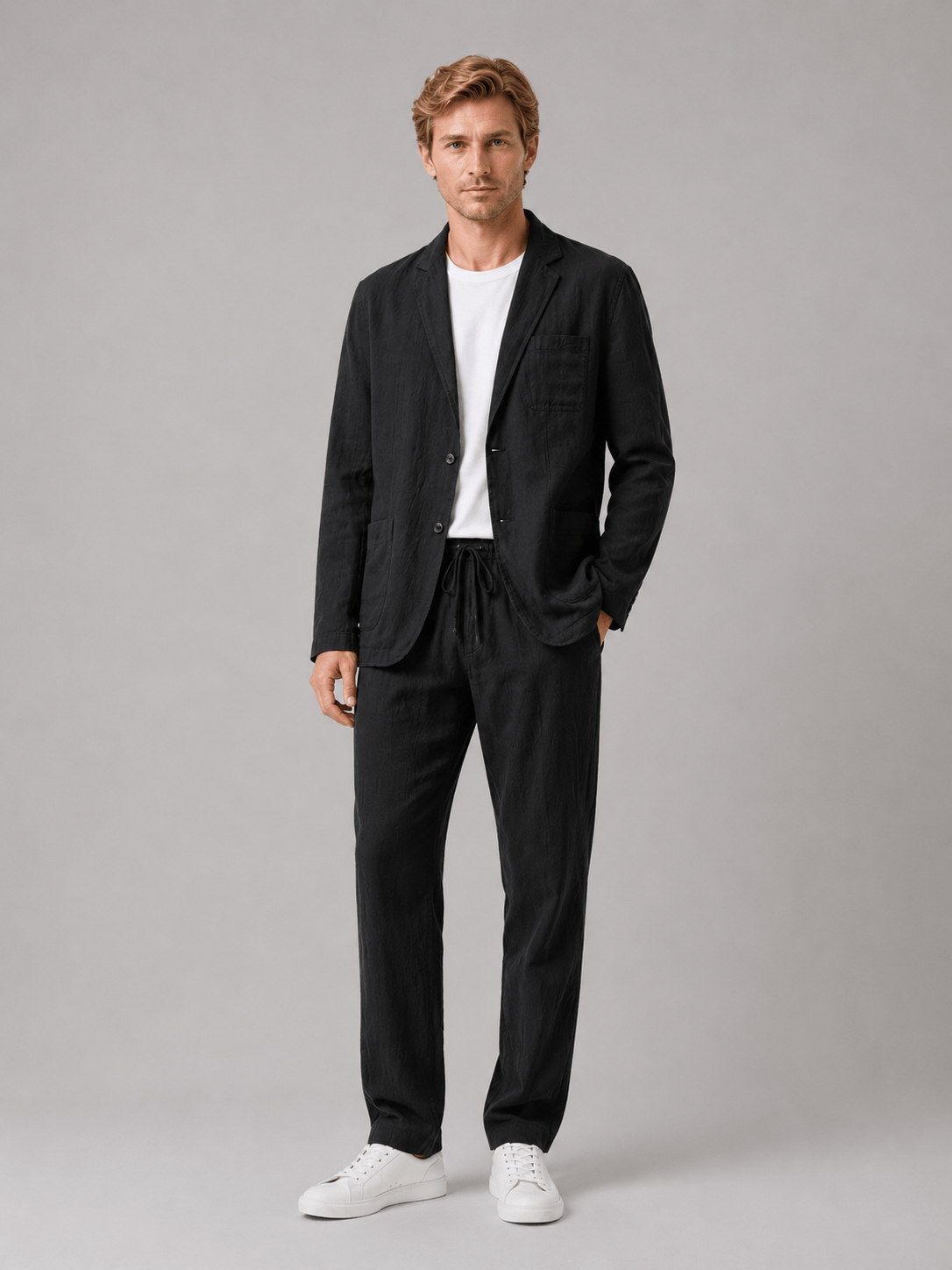 Men's Relaxed Fit Linen Blend Suit with Drawstring Trousers