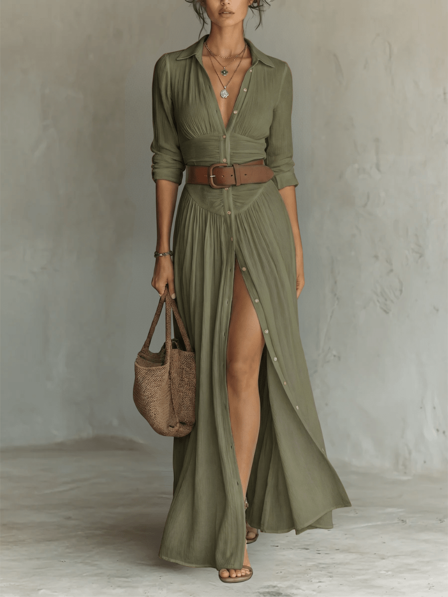 Women's Long Sleeve Pleated Button Through Maxi Shirt Dress