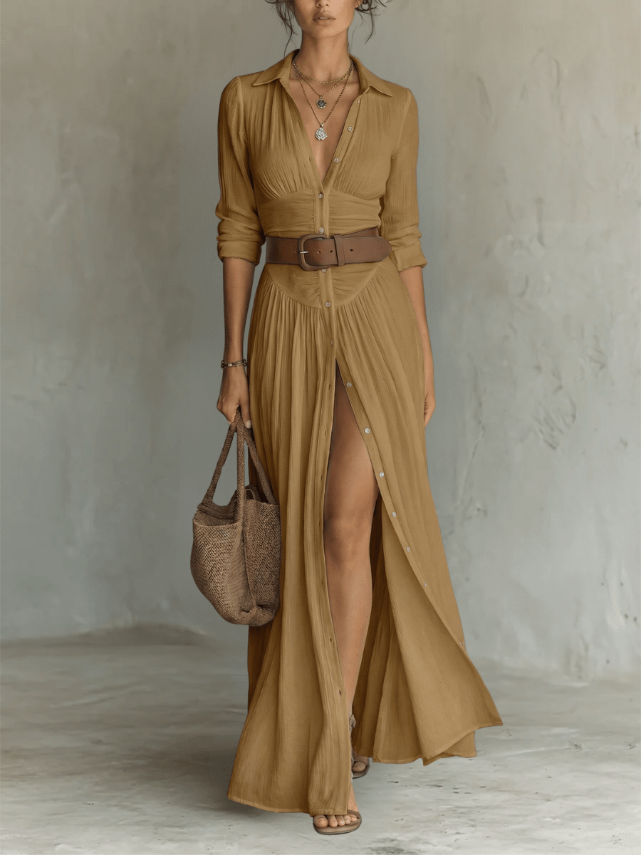 Women's Long Sleeve Pleated Button Through Maxi Shirt Dress