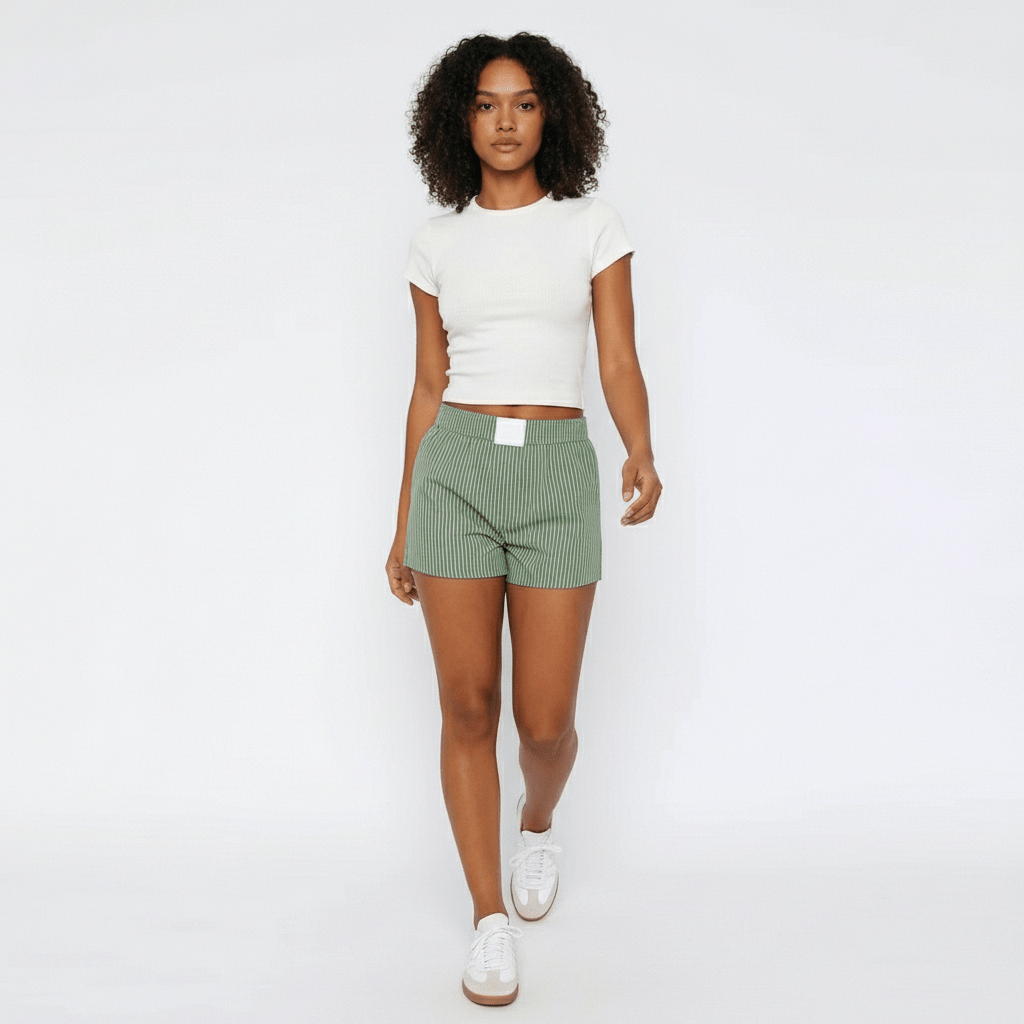 Carmelita Striped Cotton Shorts Elastic Waist Summer Fit