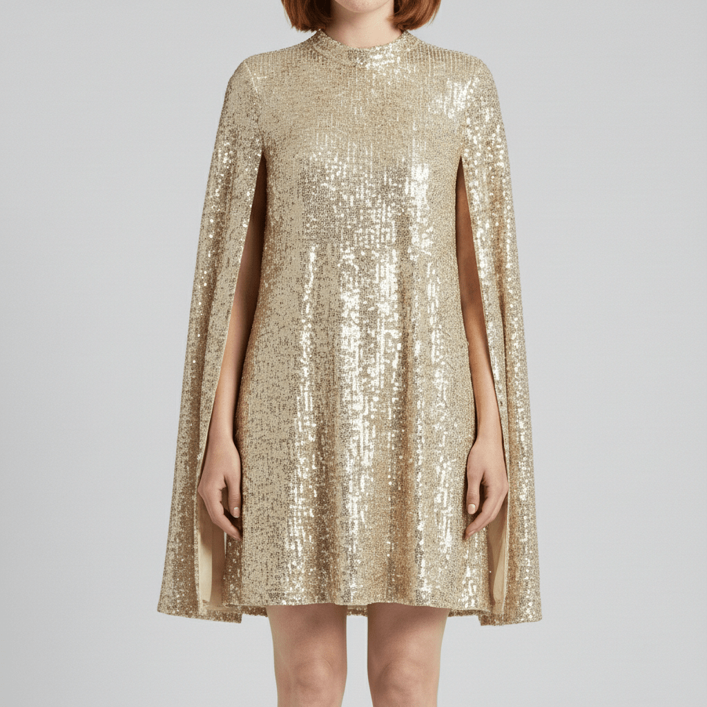 Chiara High Neck Sequin Cocktail Dress with Cape Sleeves