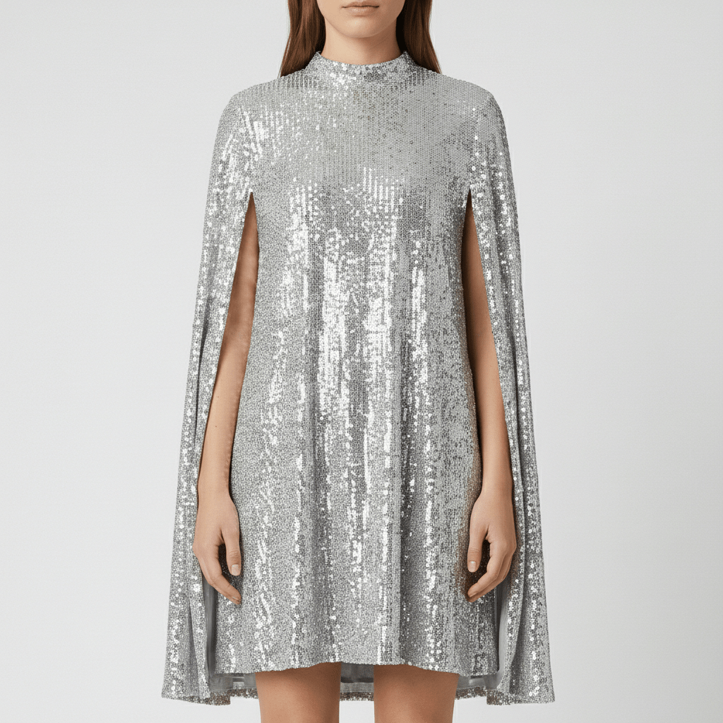 Chiara High Neck Sequin Cocktail Dress with Cape Sleeves