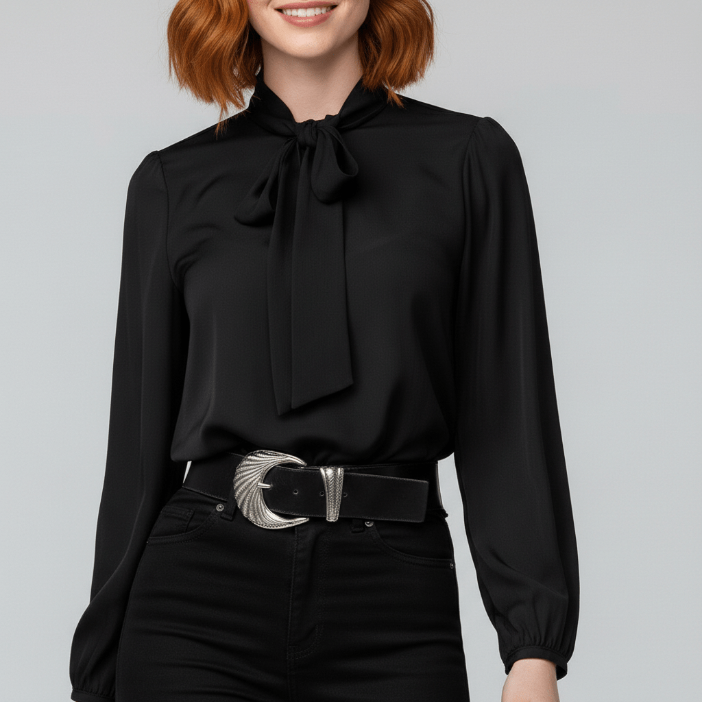 Christa Bow Tie Neck Long Sleeve Blouse with Tie Front