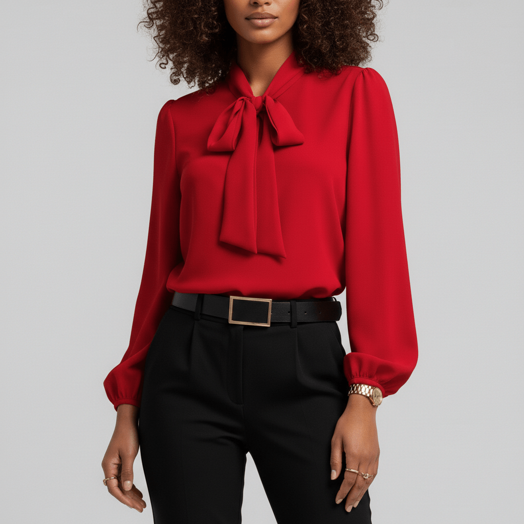 Christa Bow Tie Neck Long Sleeve Blouse with Tie Front