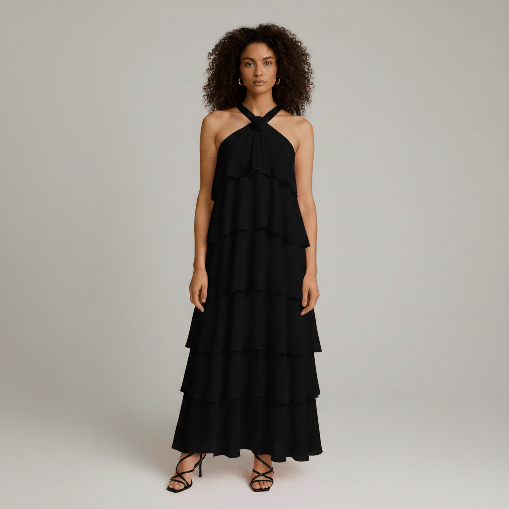 Cleo Halter Neck Maxi Summer Dress with Tiered Ruffle Skirt