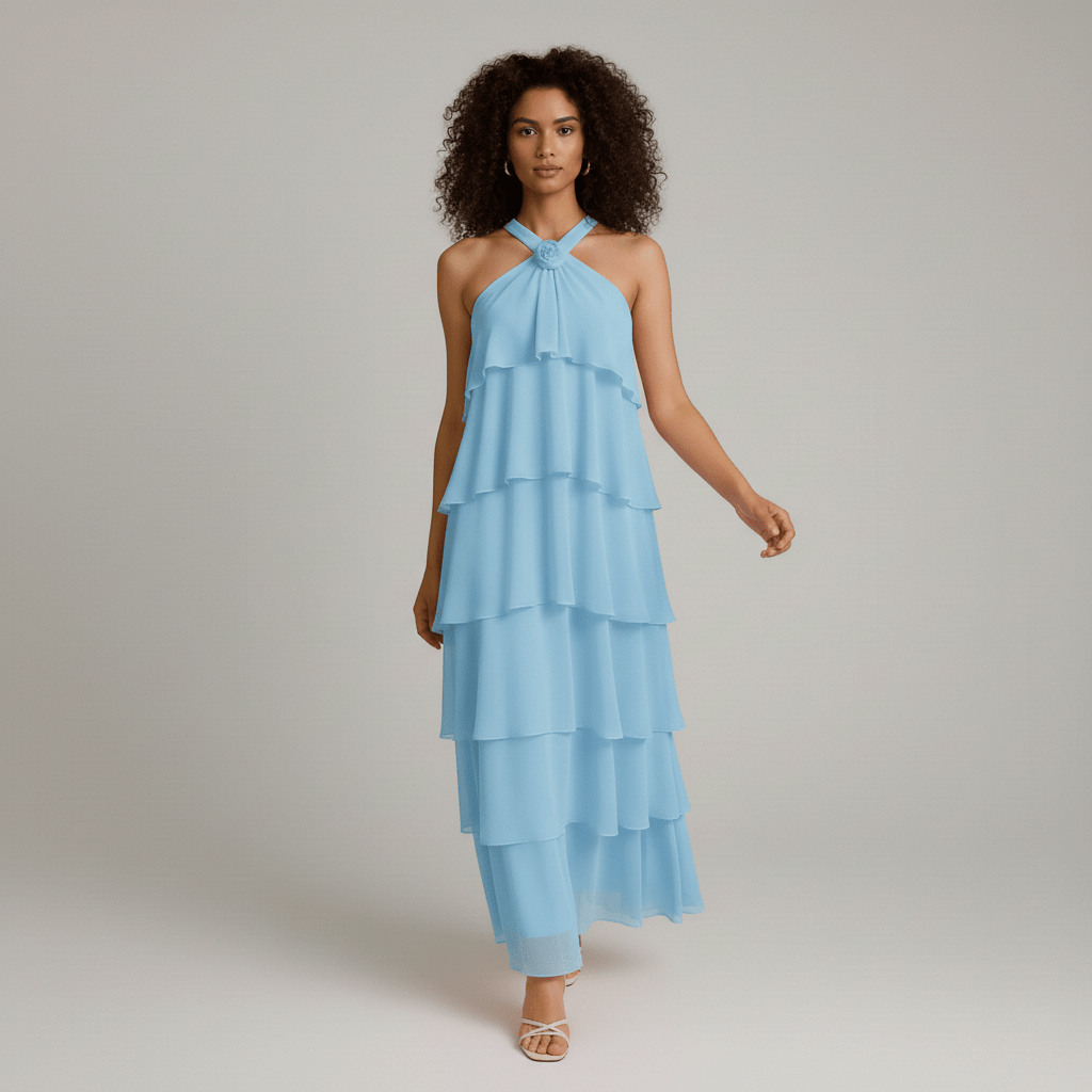 Cleo Halter Neck Maxi Summer Dress with Tiered Ruffle Skirt