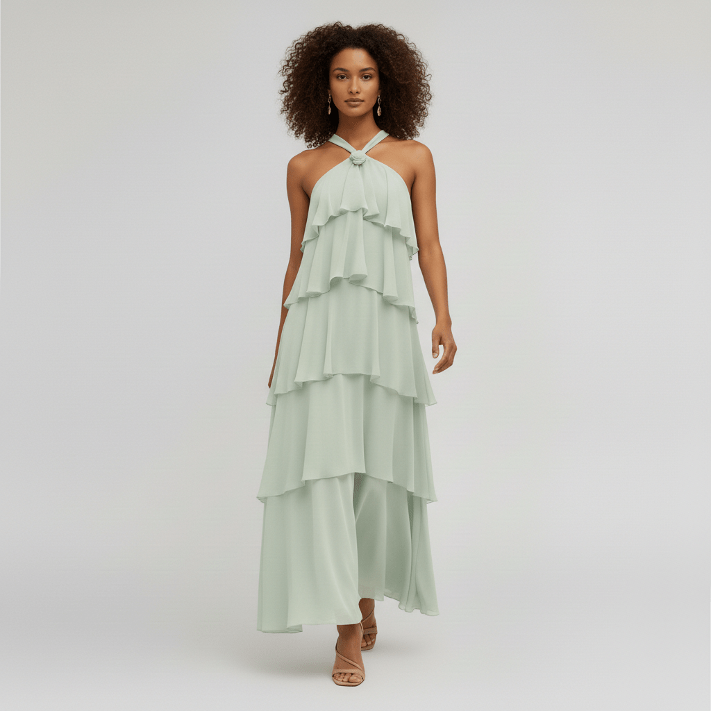 Cleo Halter Neck Maxi Summer Dress with Tiered Ruffle Skirt