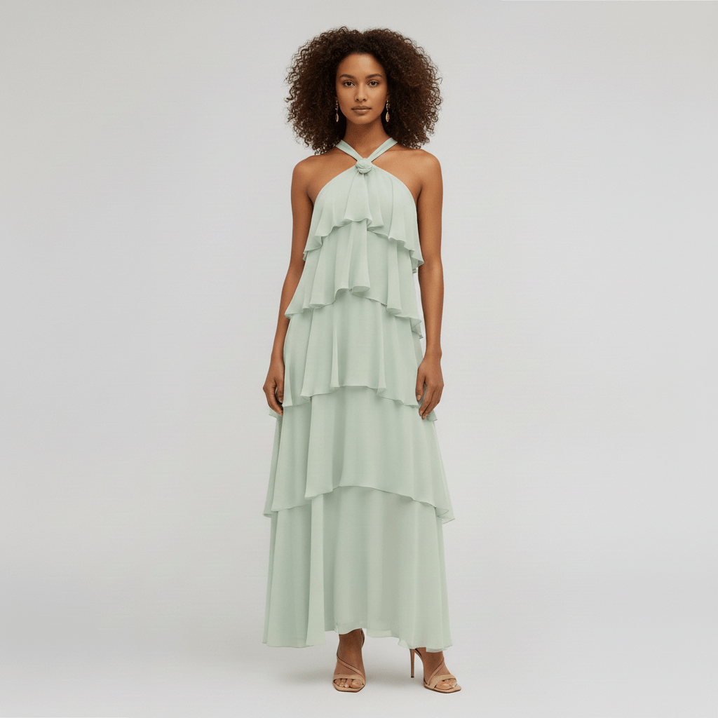 Cleo Halter Neck Maxi Summer Dress with Tiered Ruffle Skirt