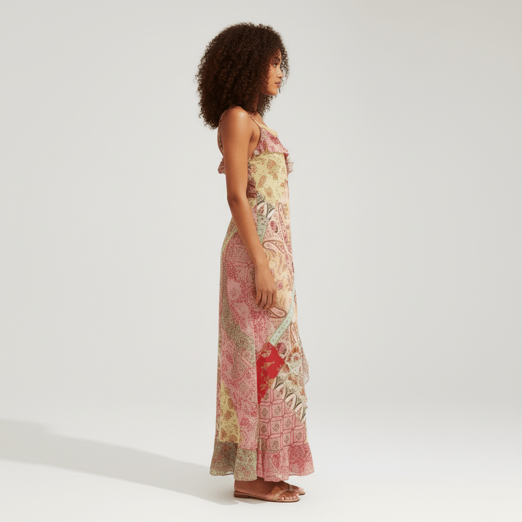 Crystal Spaghetti Strap Maxi Summer Dress with Paisley Print
