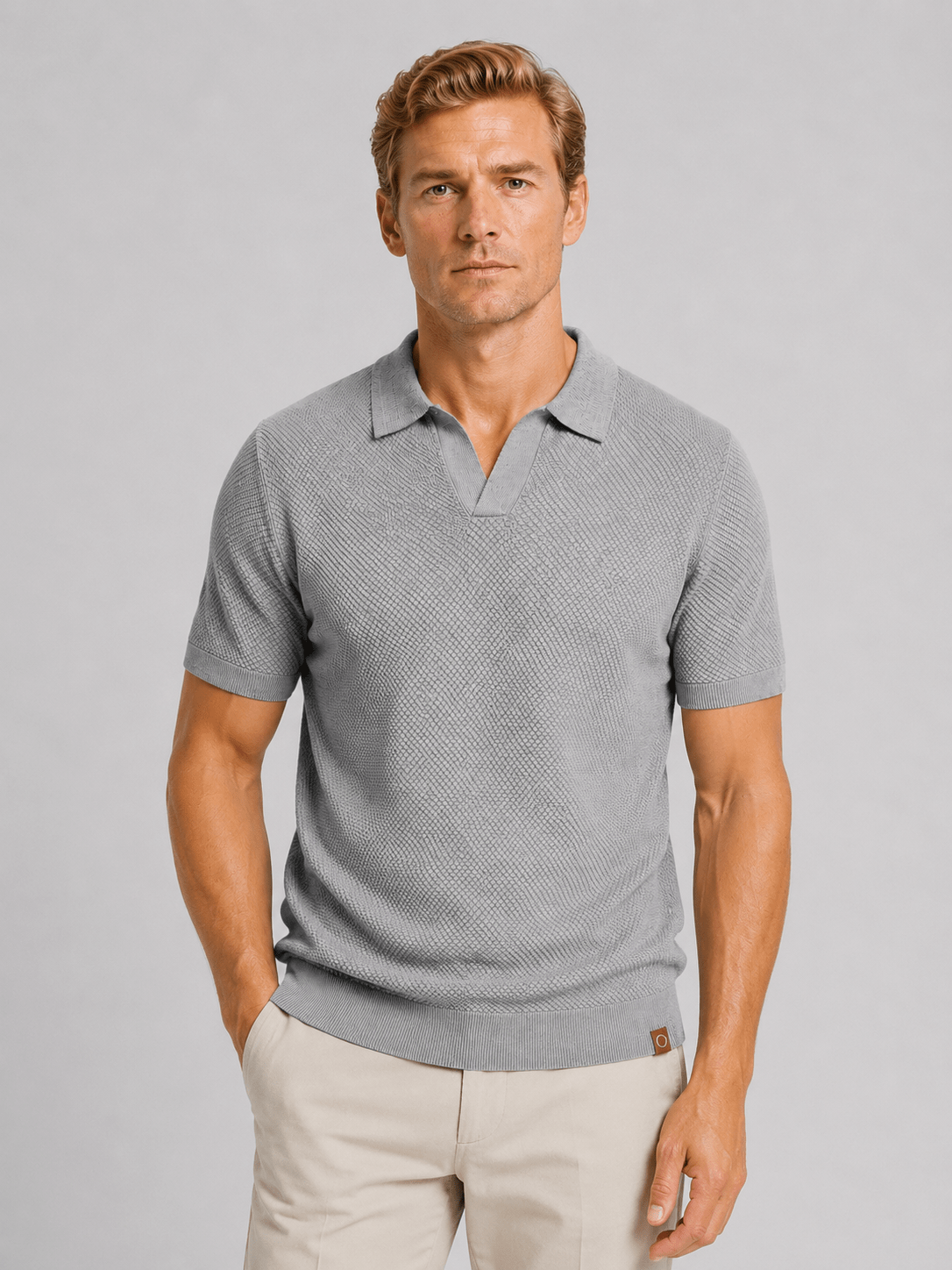 Men's Short Sleeve Textured Knitted Polo Shirt With Open Collar