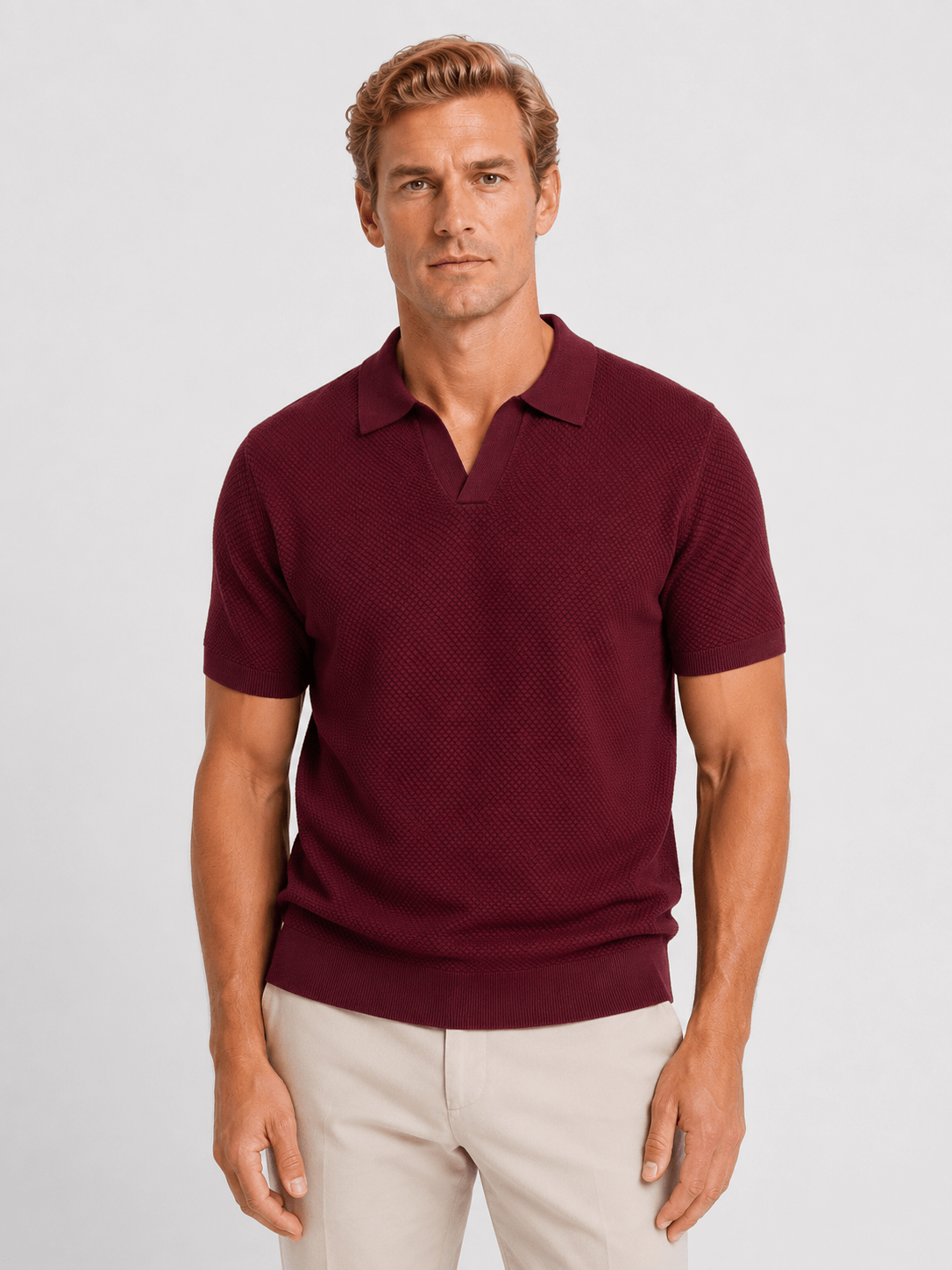 Men's Short Sleeve Textured Knitted Polo Shirt With Open Collar