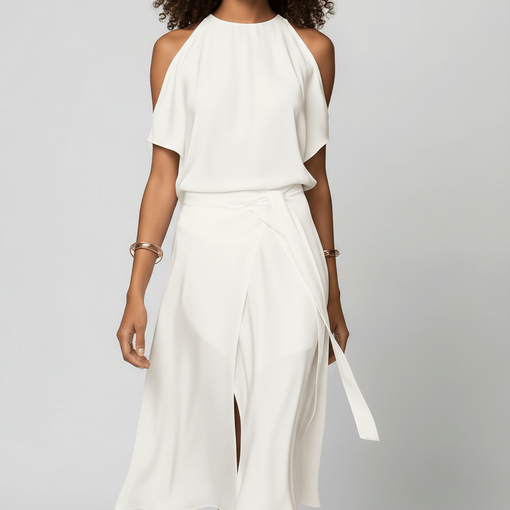 Daisy Midi Dress with Cold Shoulder Cut-Out and Wrap Skirt