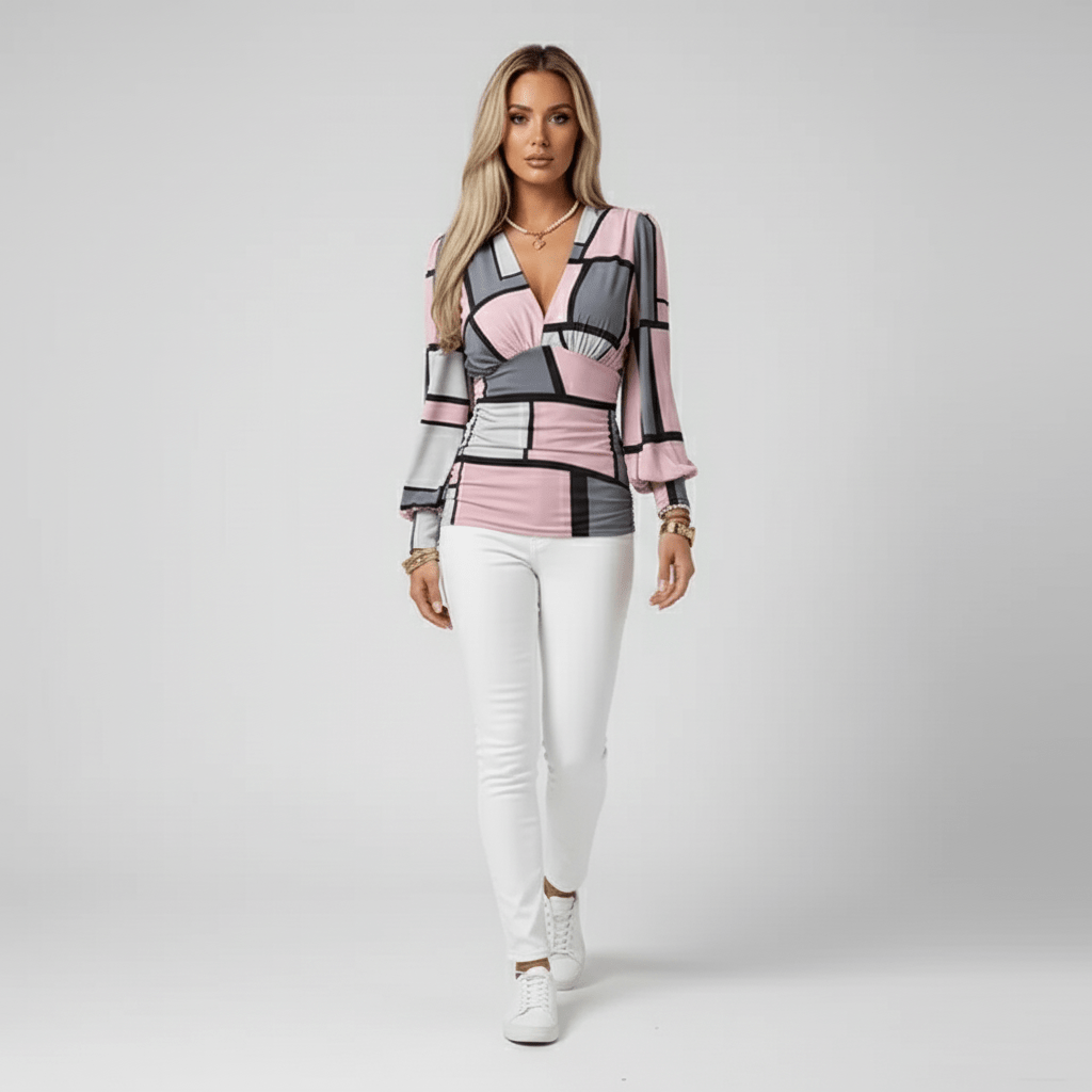 Donna Deep V-Neck Long Sleeve Blouse with Ruched Waist