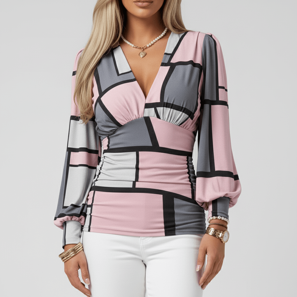 Donna Deep V-Neck Long Sleeve Blouse with Ruched Waist