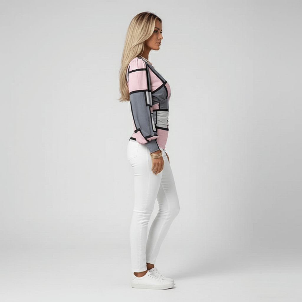 Donna Deep V-Neck Long Sleeve Blouse with Ruched Waist