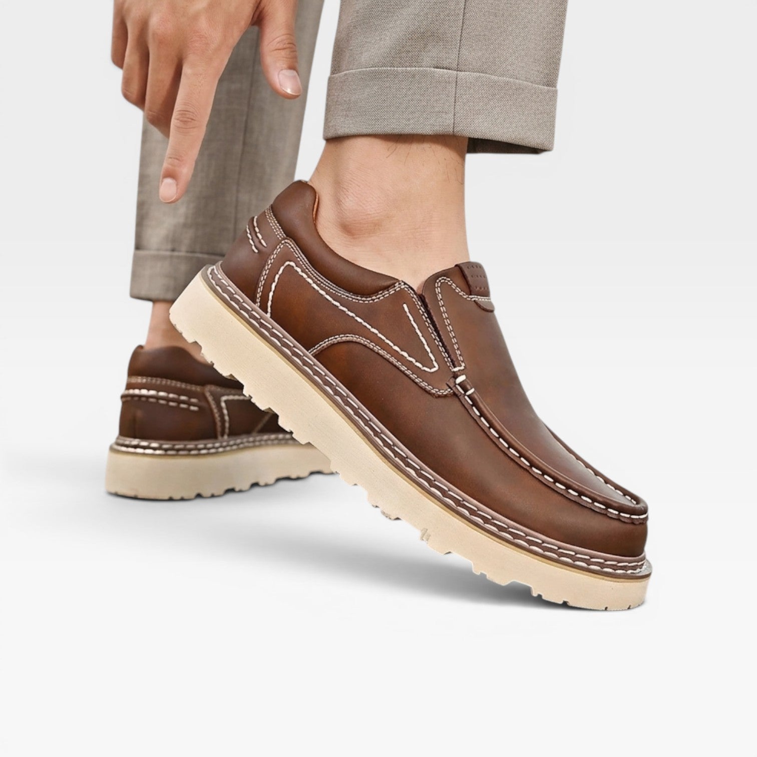 Men's Chunky Sole Leather Slip On Loafers with Contrast Stitching