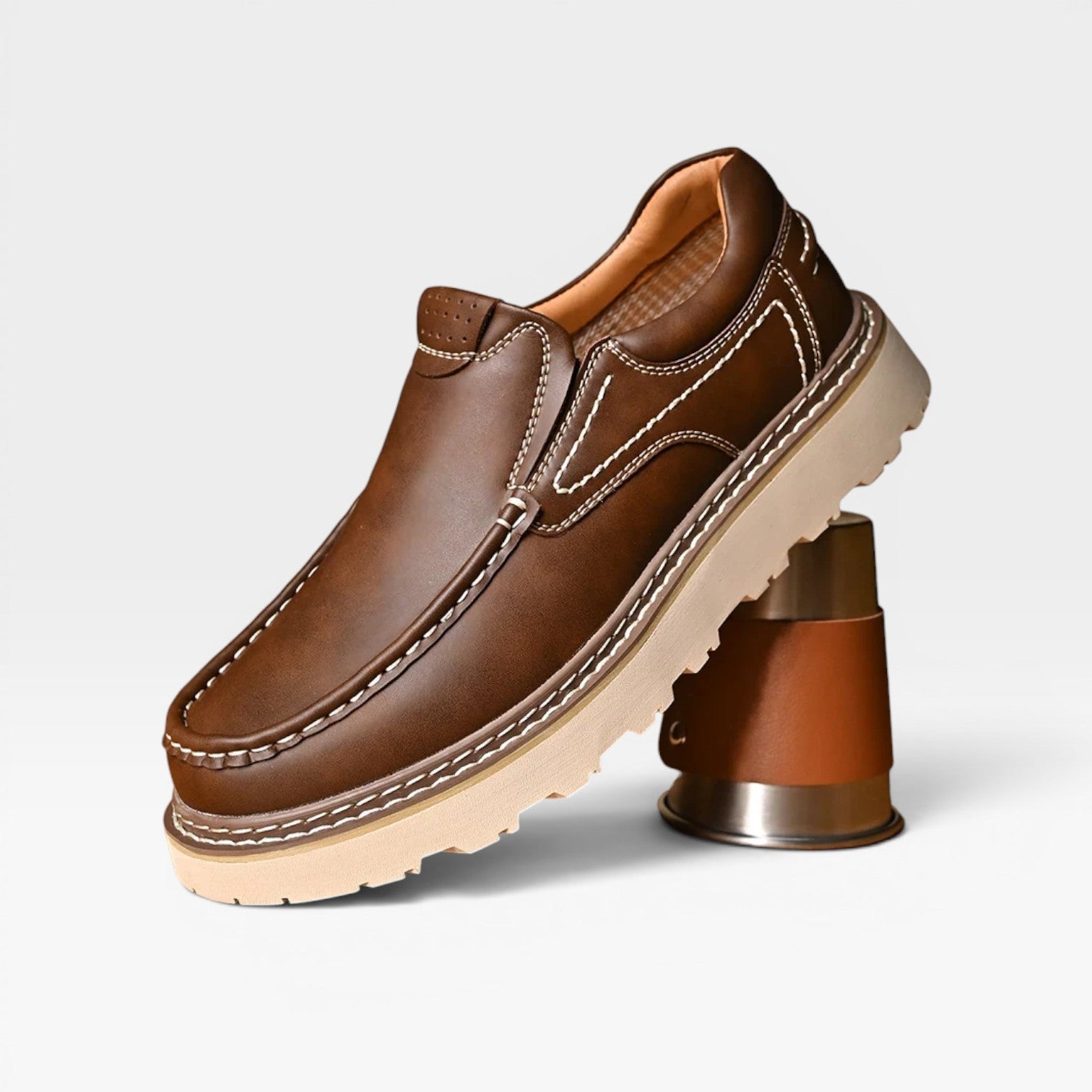 Men's Chunky Sole Leather Slip On Loafers with Contrast Stitching