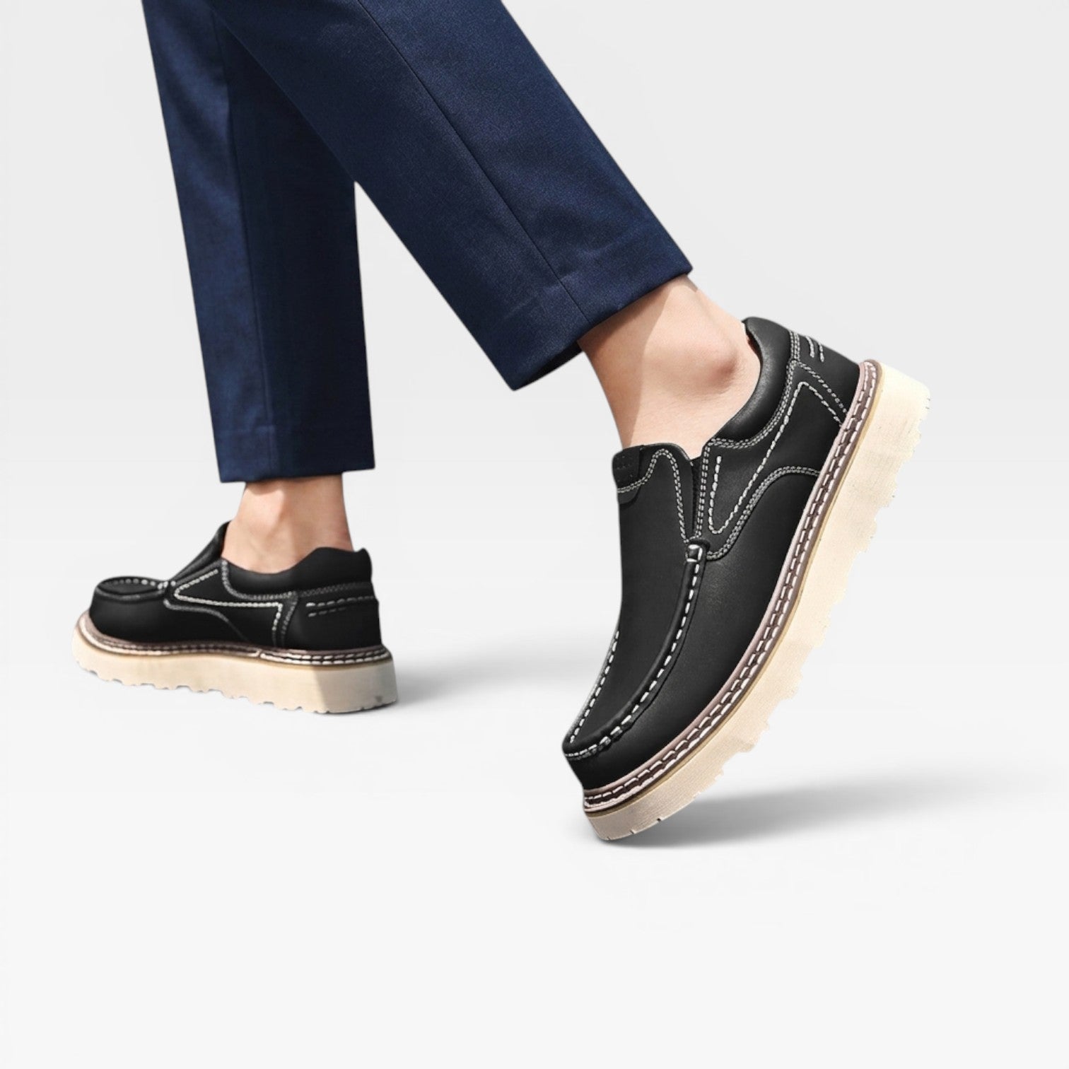 Men's Chunky Sole Leather Slip On Loafers with Contrast Stitching