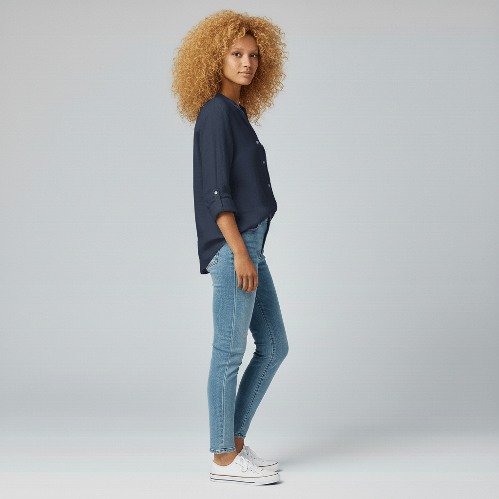 Ellie Button-Up Blouse with Stand Collar and Chest Pocket