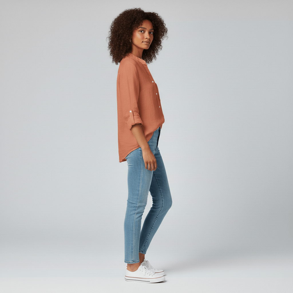 Ellie Button-Up Blouse with Stand Collar and Chest Pocket