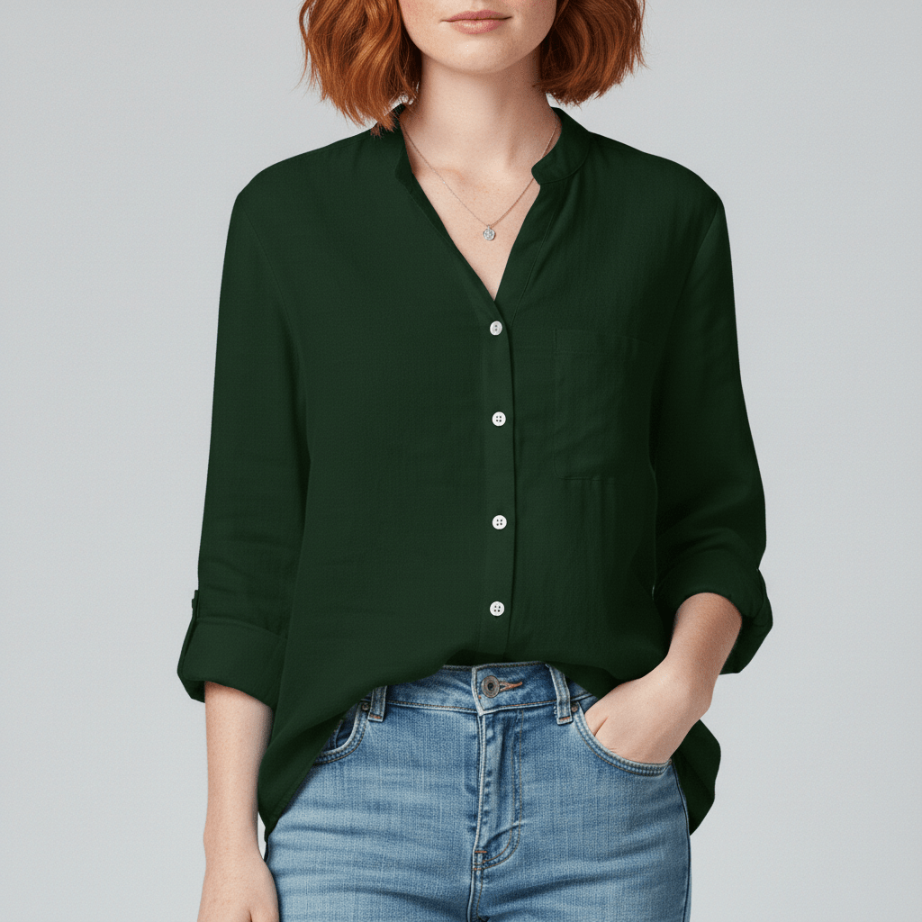 Ellie Button-Up Blouse with Stand Collar and Chest Pocket