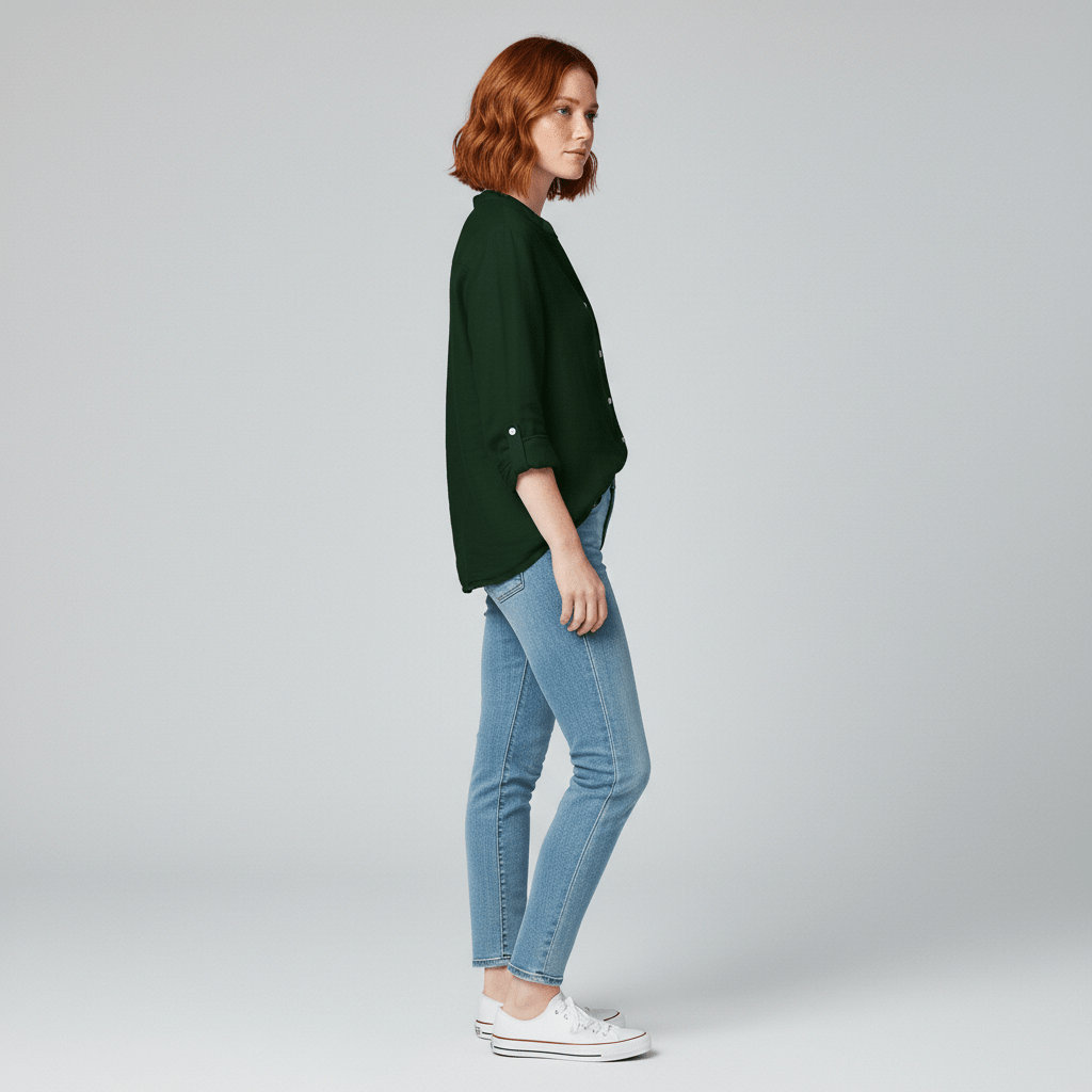 Ellie Button-Up Blouse with Stand Collar and Chest Pocket