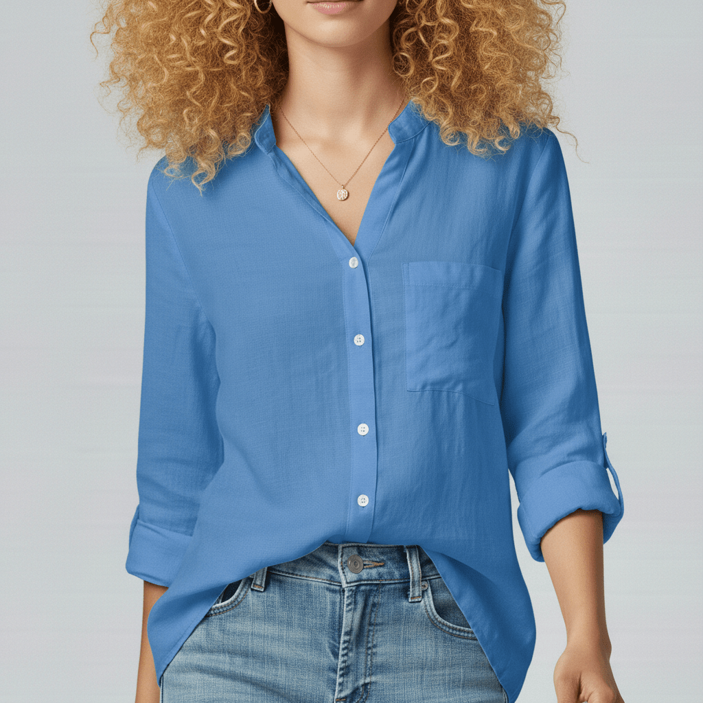 Ellie Button-Up Blouse with Stand Collar and Chest Pocket