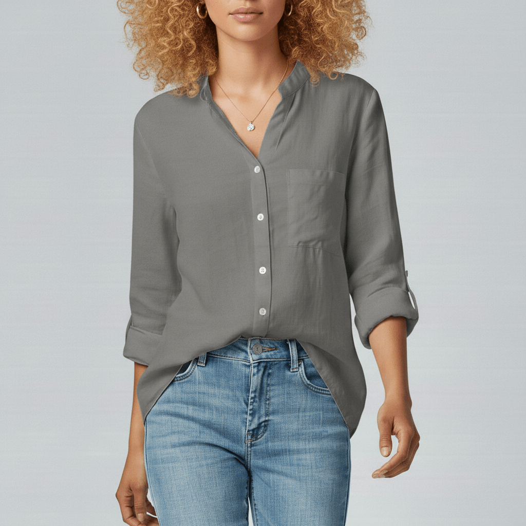 Ellie Button-Up Blouse with Stand Collar and Chest Pocket