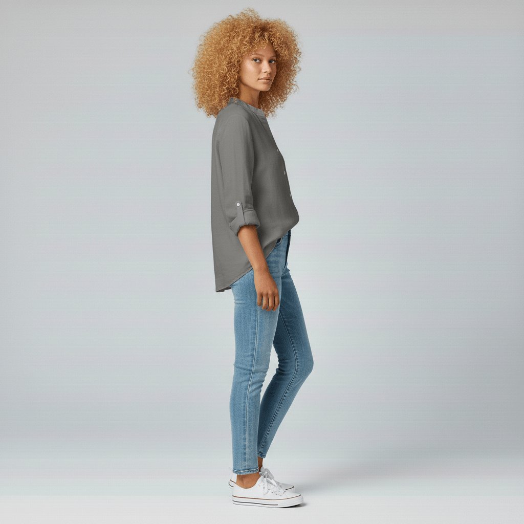 Ellie Button-Up Blouse with Stand Collar and Chest Pocket