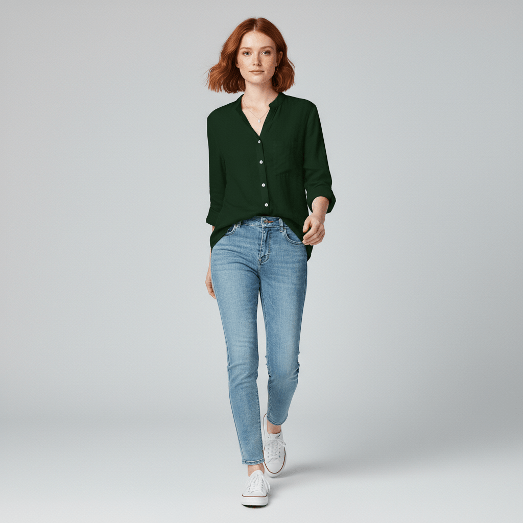 Ellie Button-Up Blouse with Stand Collar and Chest Pocket