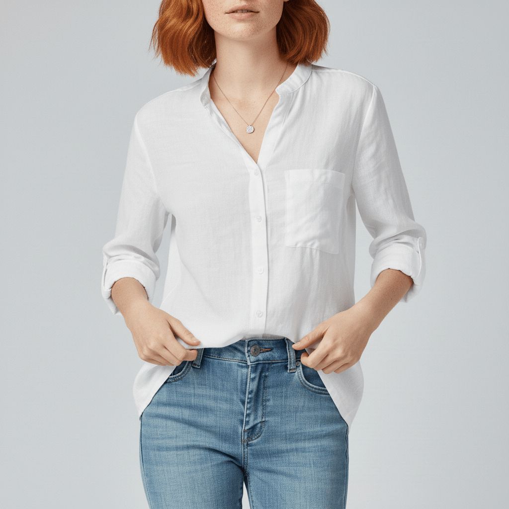 Ellie Button-Up Blouse with Stand Collar and Chest Pocket