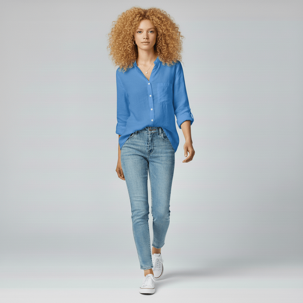 Ellie Button-Up Blouse with Stand Collar and Chest Pocket