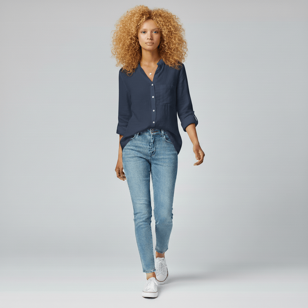 Ellie Button-Up Blouse with Stand Collar and Chest Pocket